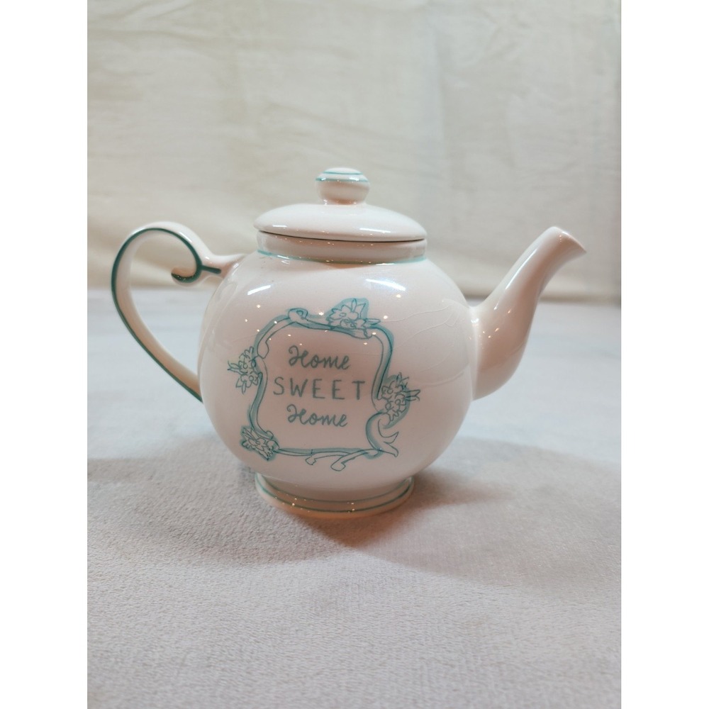 Katie Mandy Home Sweet Home Ceramic Teapot White Teal Floral Cottagecore - Picture 4 of 8